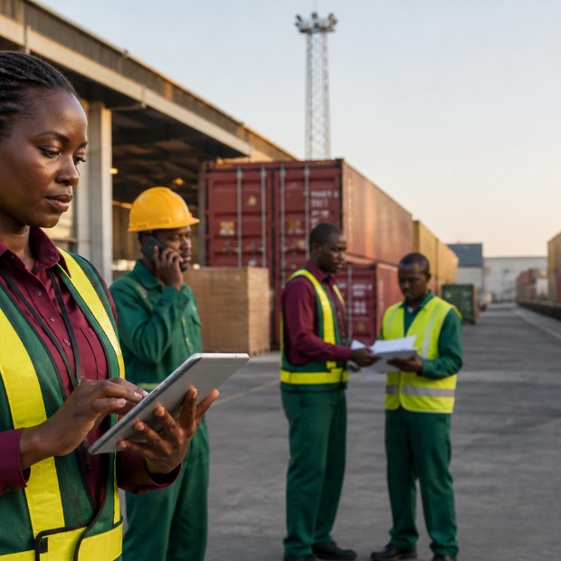 Port workers coordinating container operations