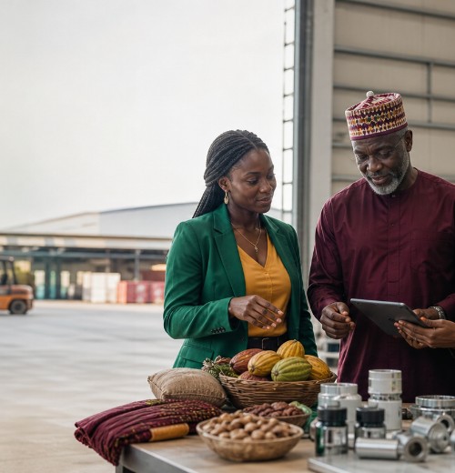 Traders inspecting produce at an open-air market
